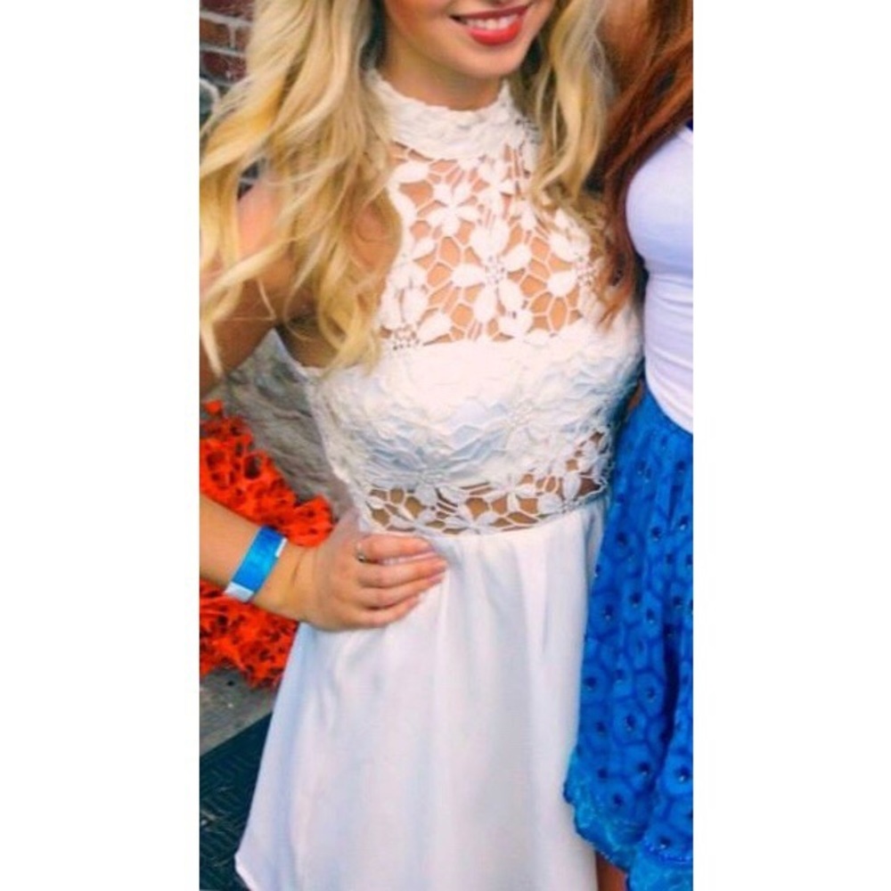 Xenia white floral crochet mini dress